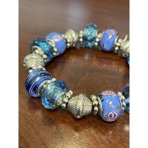 Handmade Ocean Blue/Teal Beaded Stretch Bracelet w/ Silver Beads Beachy Vibes